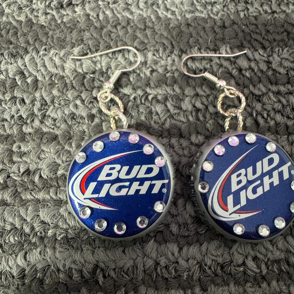 Bud Light Bottle Cap Earrings Rhinestone Trim Handmade Beer Jewelry Dangle - Picture 3 of 4